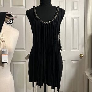 Affliction handcrafted tank top/ mini  black with fringe overlay chsin neckline
